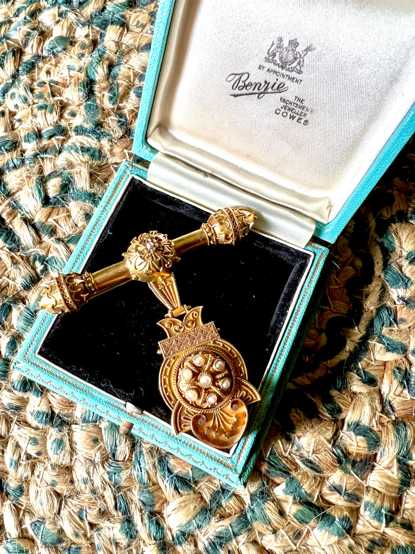 Etruscan revival locket pendant and matching bar pin brooch