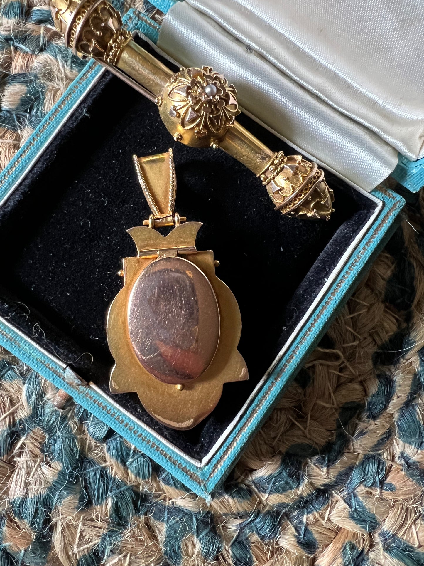 Etruscan revival locket pendant and matching bar pin brooch