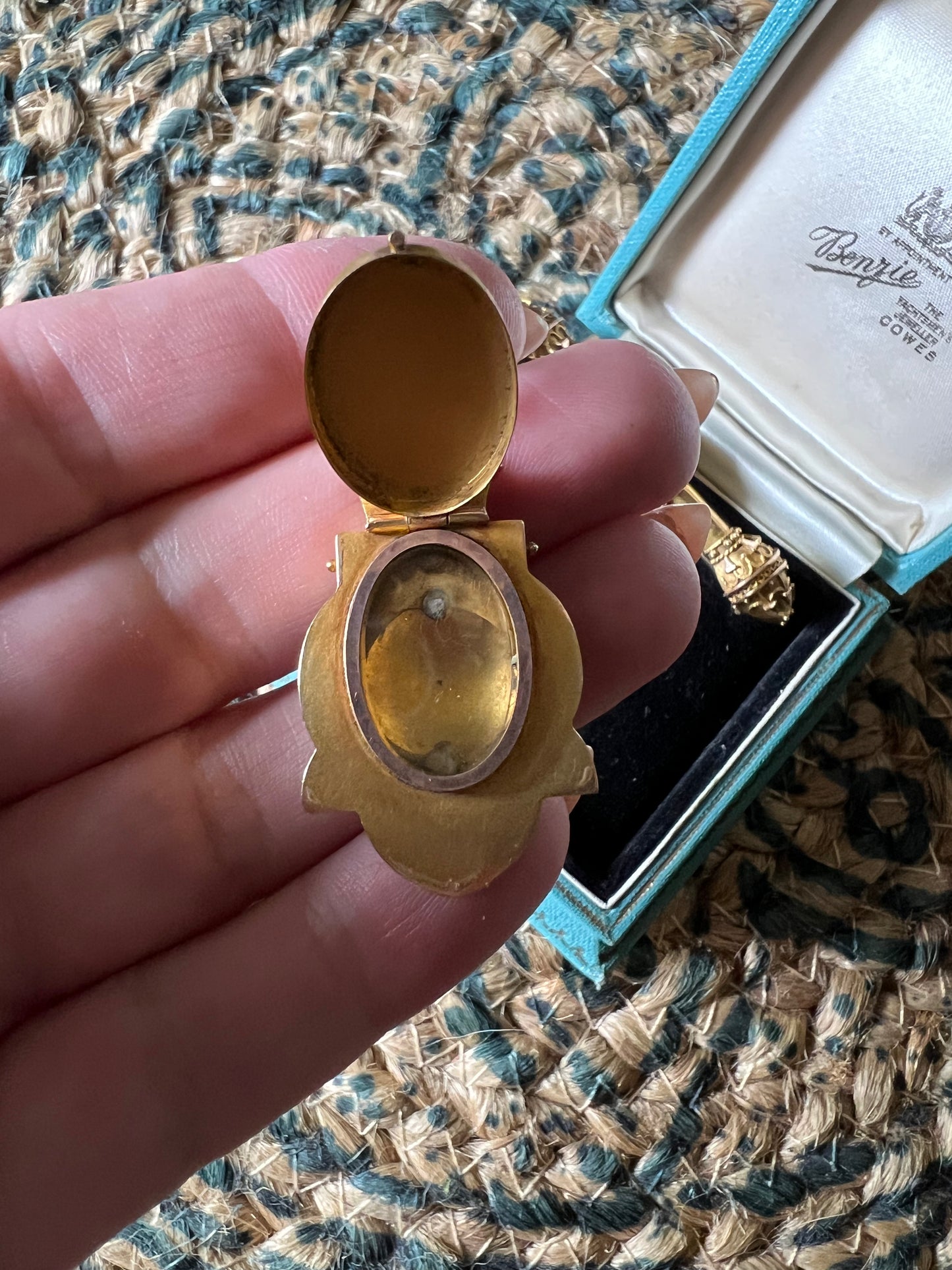 Etruscan revival locket pendant and matching bar pin brooch