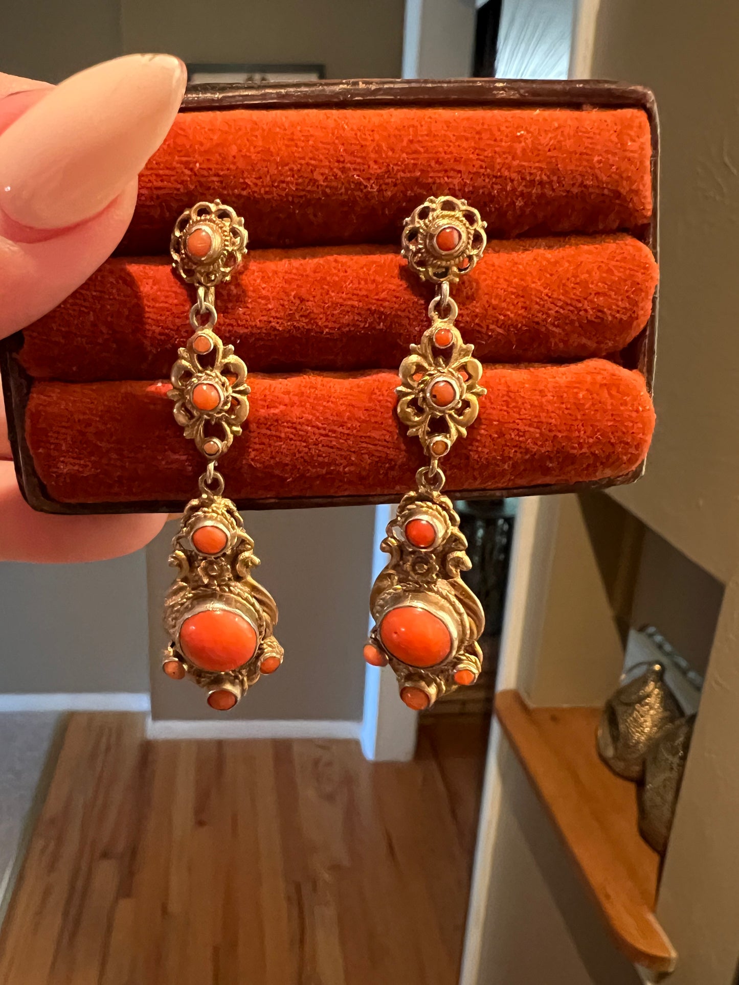 Austrian-Hungarian coral gilt earrings