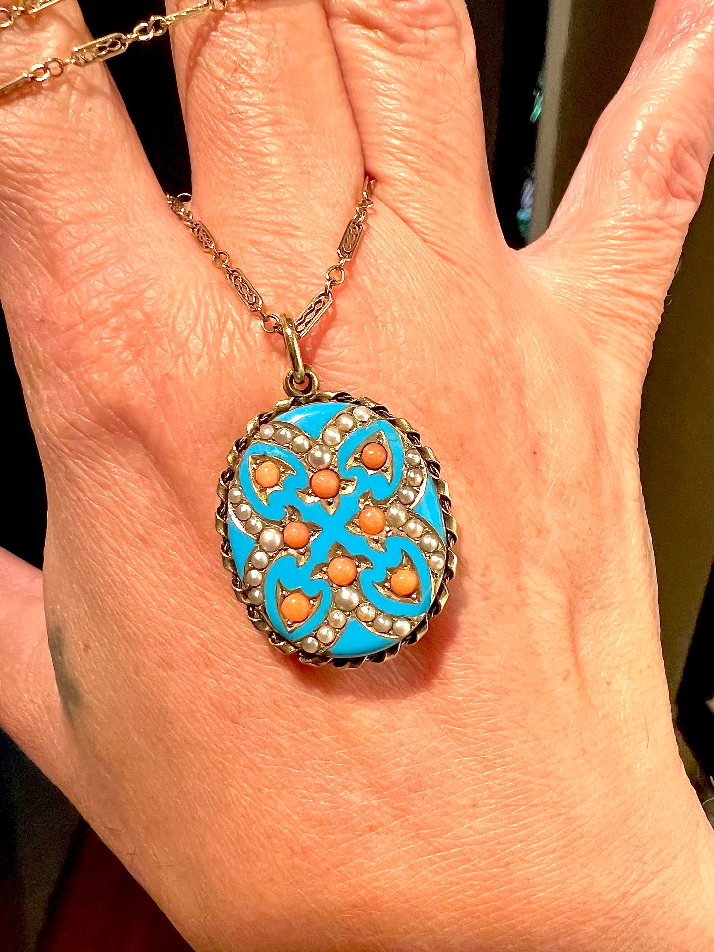 Victorian blue enamel, coral and pearl locket 9k gold