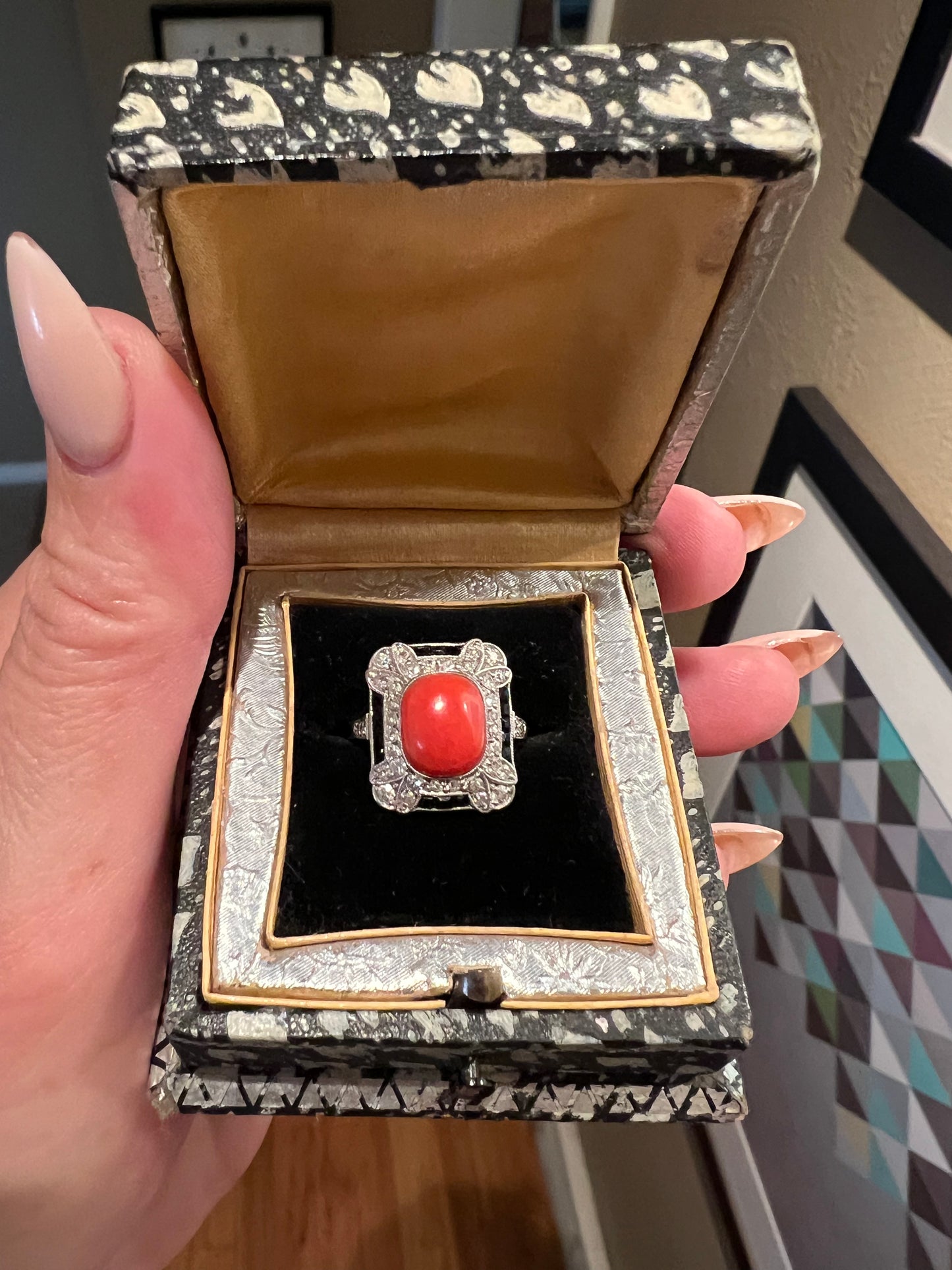 Art Deco coral, onyx and diamond ring