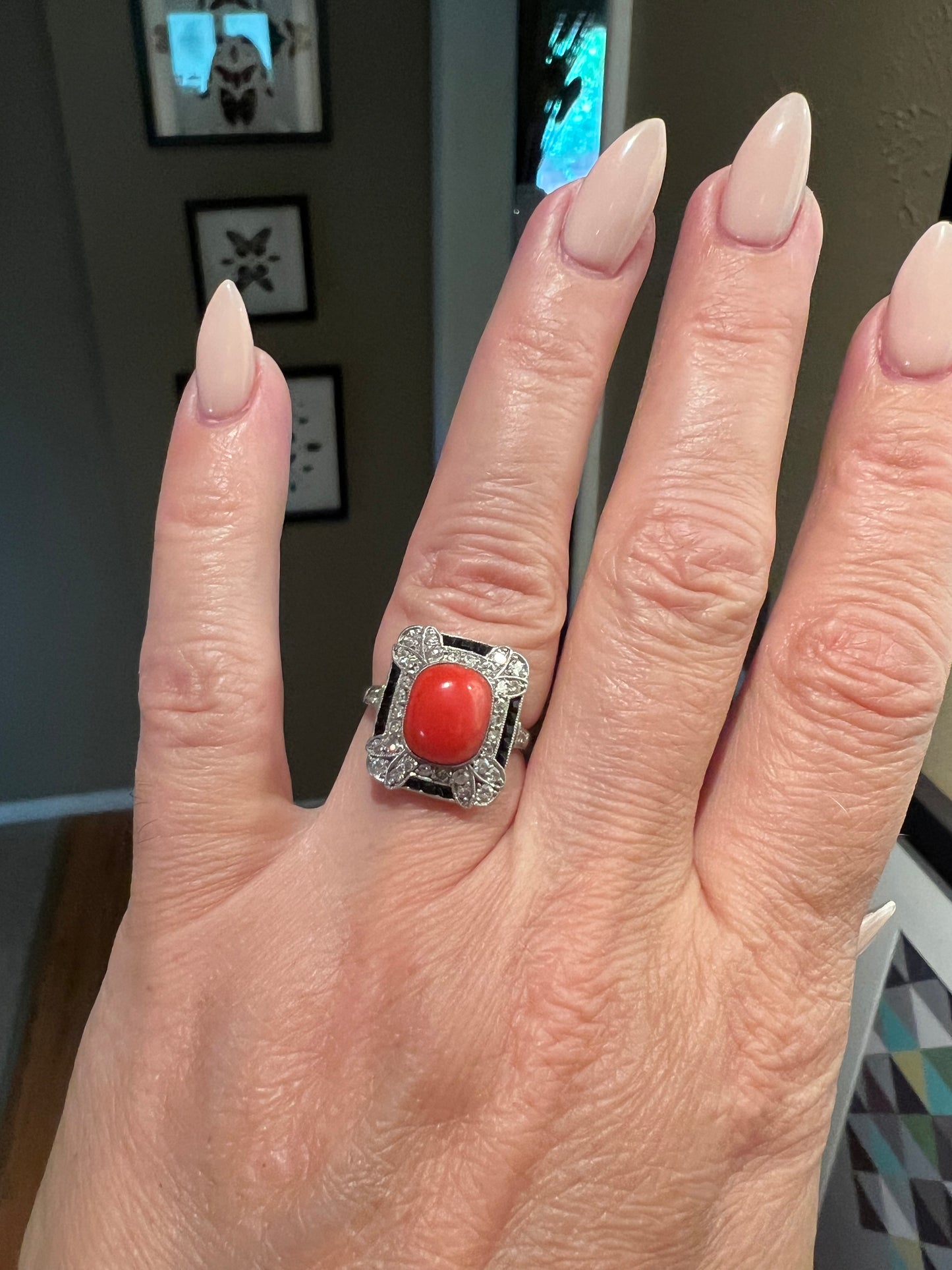 Art Deco coral, onyx and diamond ring