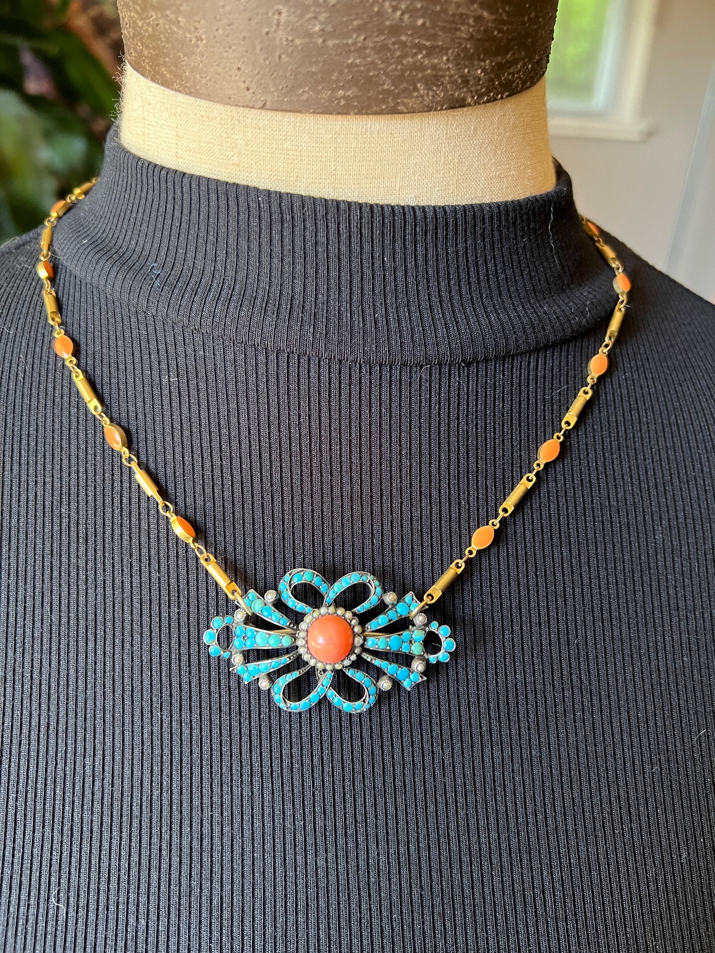 Victorian Persian turquoise and coral brooch/necklace