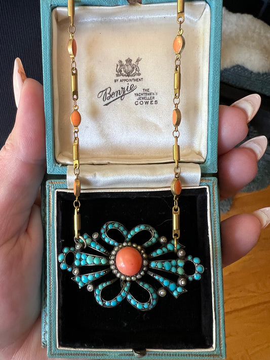 Victorian Persian turquoise and coral brooch/necklace