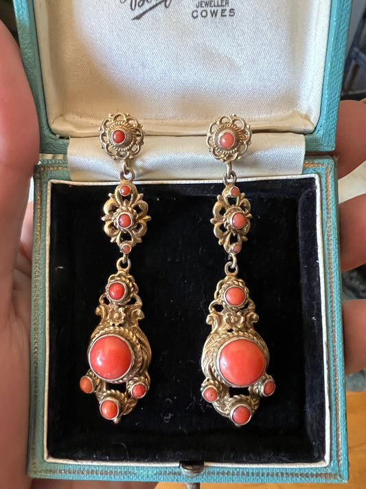 Austrian-Hungarian coral gilt earrings