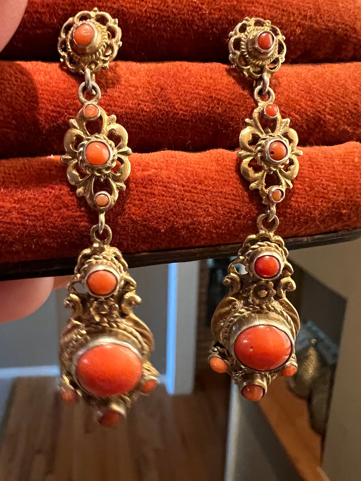 Austrian-Hungarian coral gilt earrings